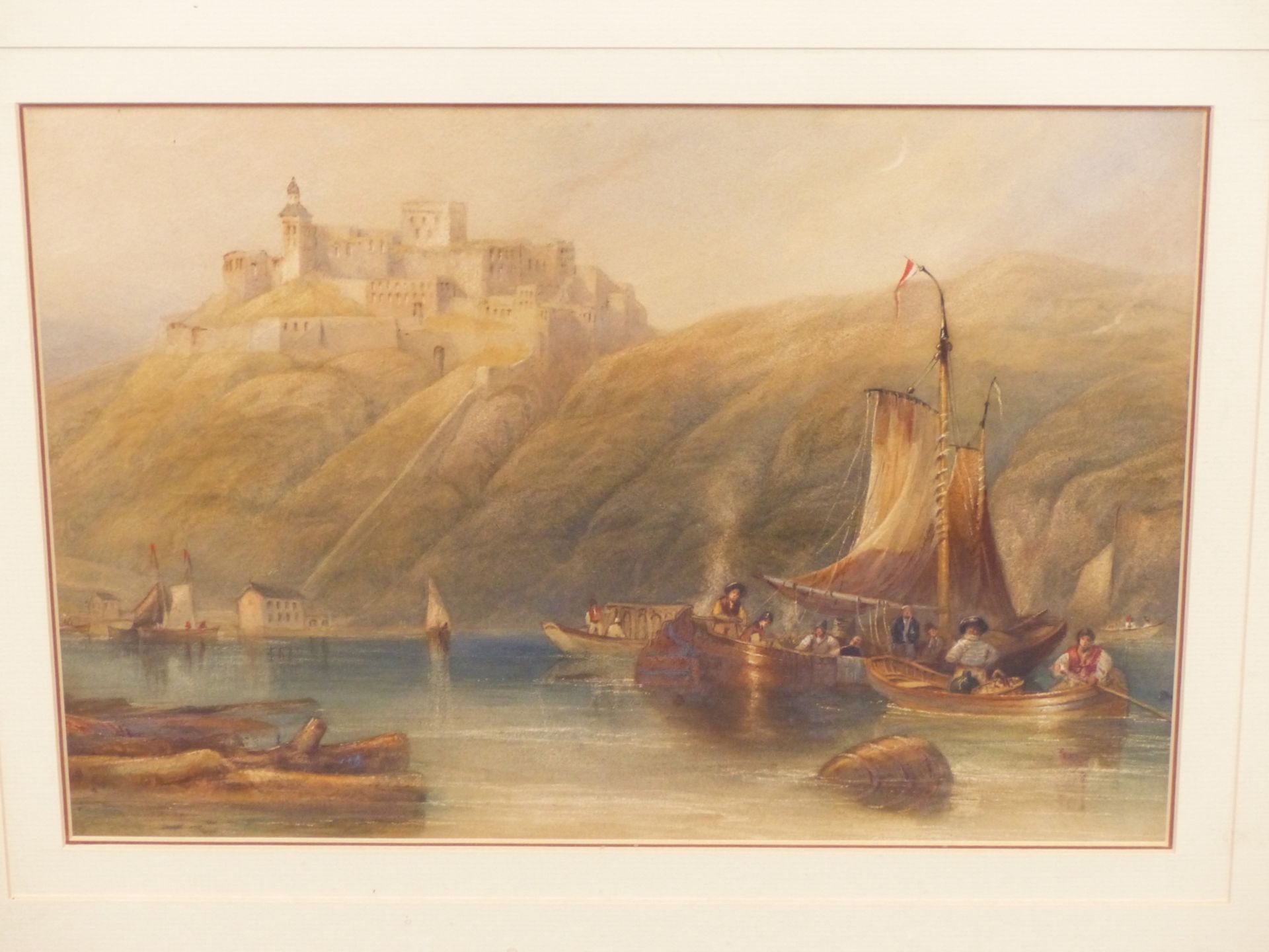 19TH CENTURY CONTINENTAL SCHOOL, UNLOADING A VESSEL BEFORE A CLIFF TOP FORTIFICATION. WATEROLOUR. 37 - Image 2 of 6