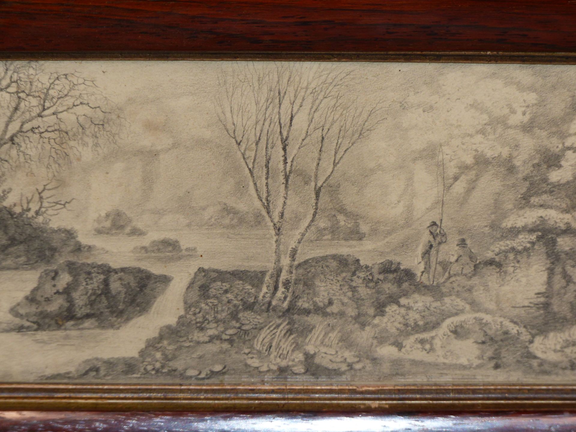 EARLY 19TH CENTURY ENGLISH SCHOOL. FISHERMEN BY RIVER WITH WATERFALL. PENCIL ON PAPER. 25 X 12.5 cm - Image 3 of 5