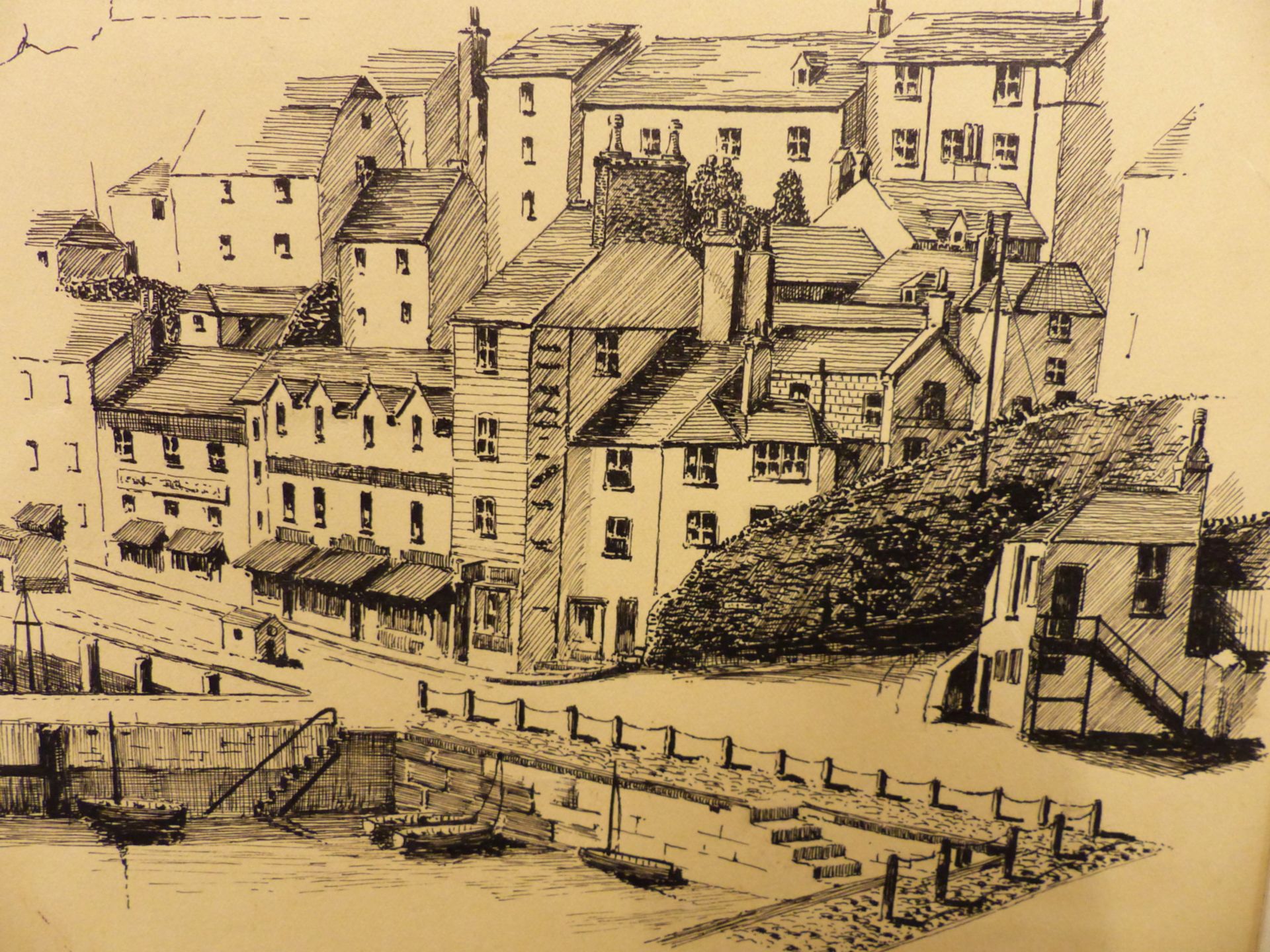 HERBERT RUSSELL. (20TH C.) ST MARYS BAY BRIXHAM. PEN AND INK DRAWING 22 X 18 cm AND ANOTHER WORK - Image 9 of 10