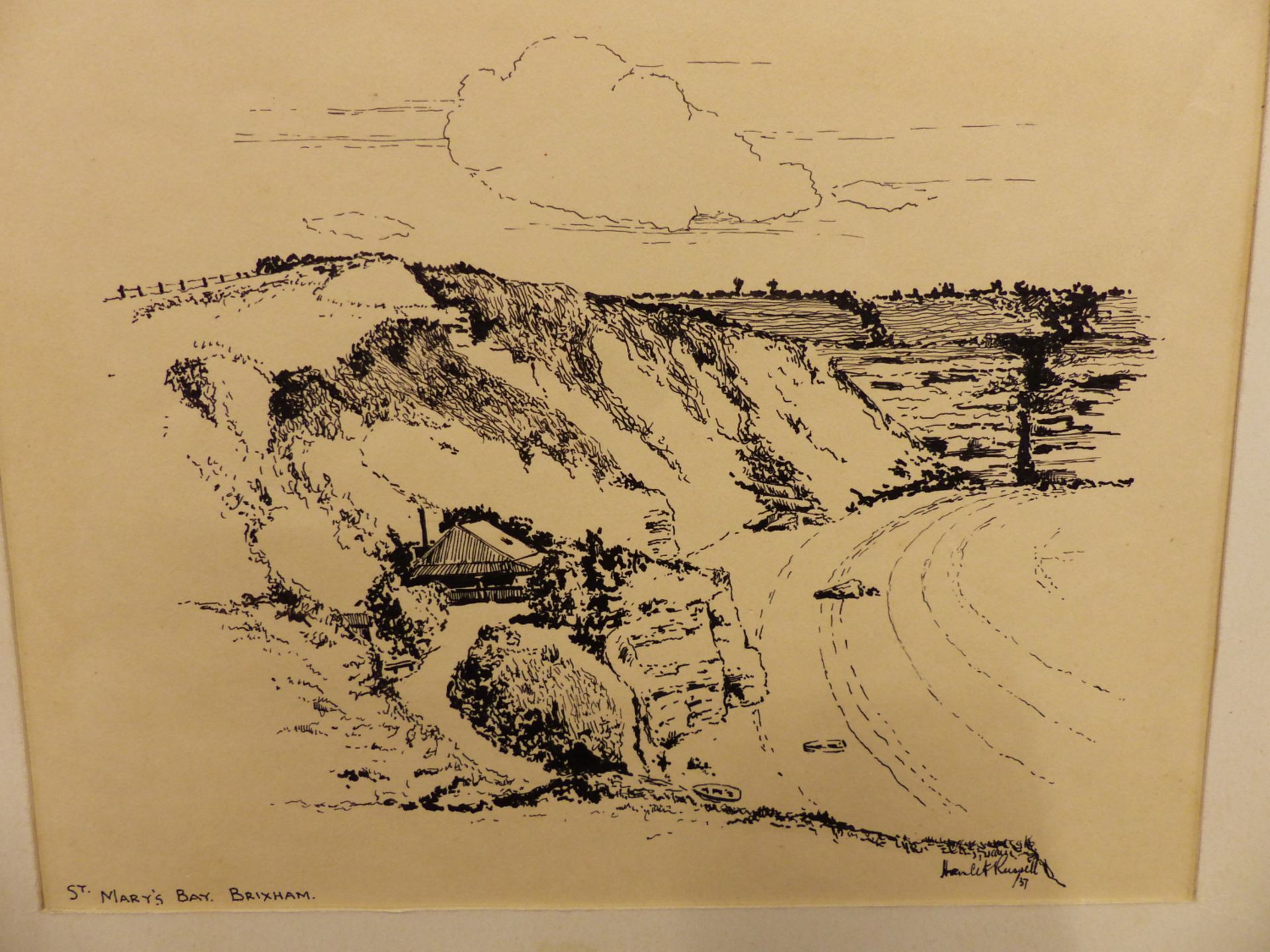 HERBERT RUSSELL. (20TH C.) ST MARYS BAY BRIXHAM. PEN AND INK DRAWING 22 X 18 cm AND ANOTHER WORK - Image 3 of 10