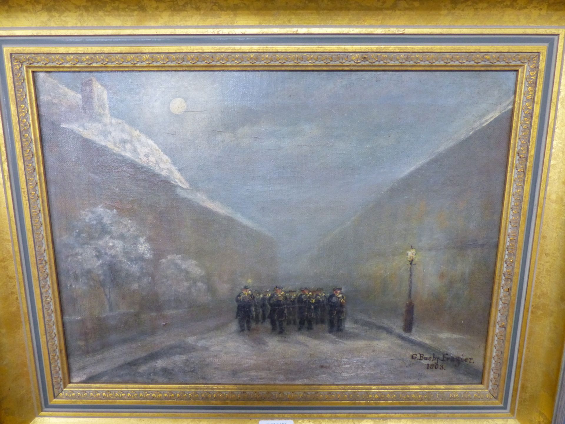 G. BUSBY FRAZIER (19th/20th.C. ENGLISH SCHOOL) MARCHING BAND ON A MOONLIT STREET OIL ON CANVAS. - Image 3 of 5