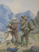 ALOIS GREIL (1842-1902), THREE ANTHROPOMORPHIC CLIMBERS IN THE AUSTRIAN ALPS. WATERCOLOUR, SIGNED