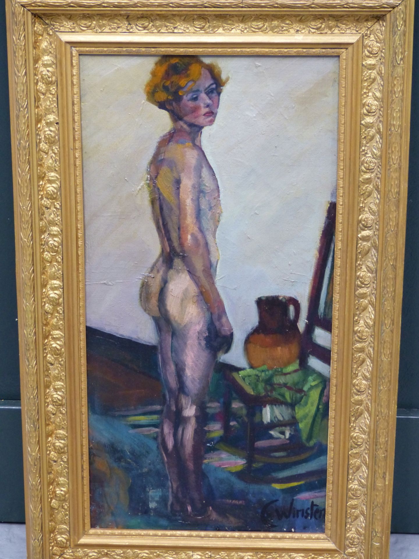 CLAIR WINSTEN (1892-1989) ARR. STANDING NUDE WITH CHAIR AND WATER JUG. OIL ON CANVAS. 24 X 49.5 cm. - Image 2 of 6