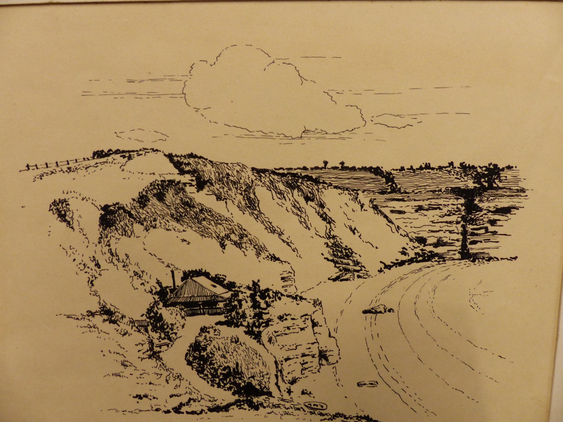 HERBERT RUSSELL. (20TH C.) ST MARYS BAY BRIXHAM. PEN AND INK DRAWING 22 X 18 cm AND ANOTHER WORK - Image 2 of 10