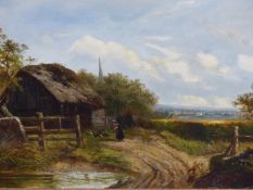 J THORS (ENGLISH SCHOOL) FEEDING CHICKENS BY A STREAM AND BARN,.WITH A WINDMILL IN THE DISTANT