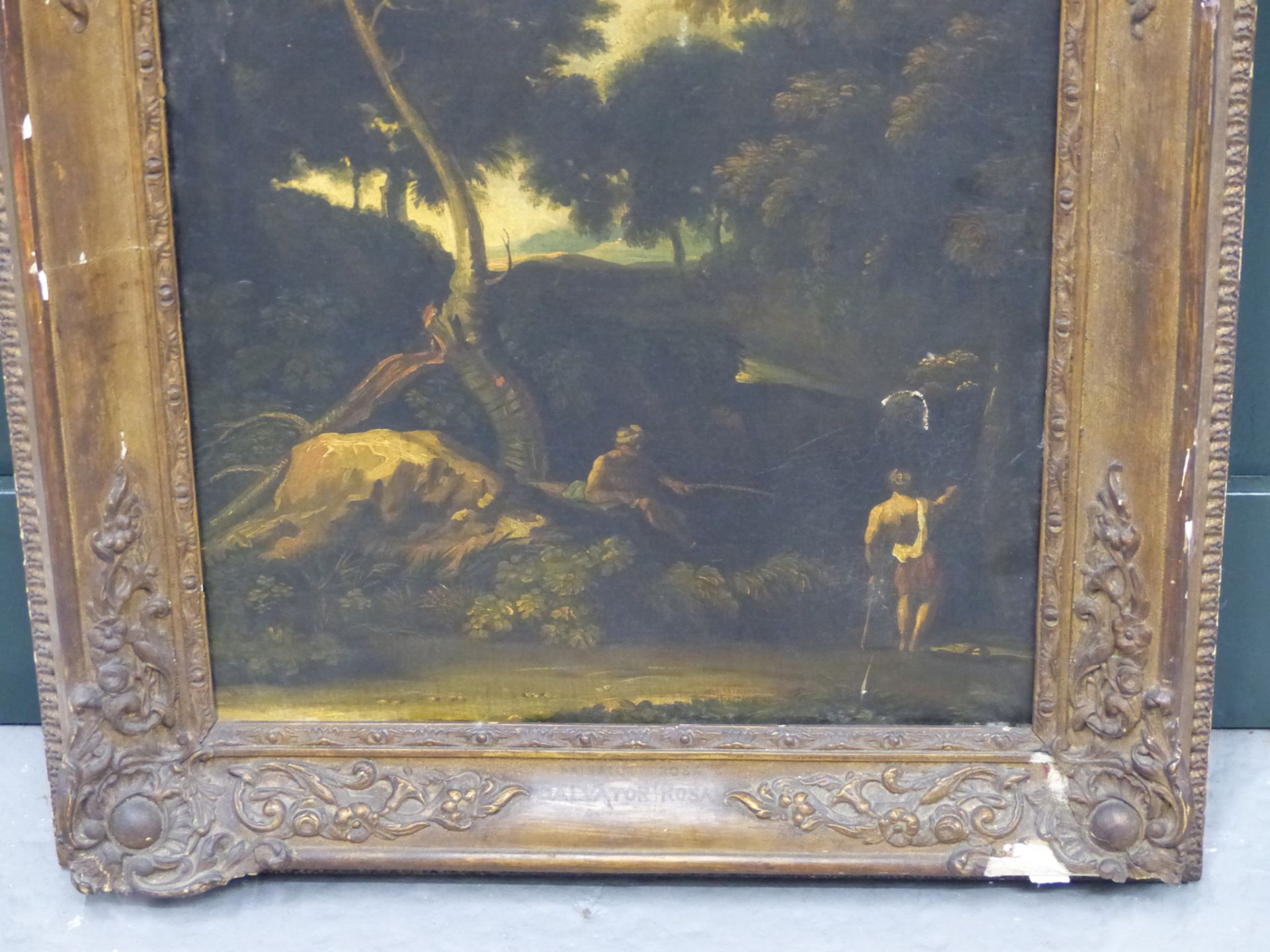 17TH /18TH CENTURY OLD MASTER SCHOOL. TWO FIGURES BY A WOODLAND STREAM. OIL ON CANVAS. THE GILT - Image 9 of 10