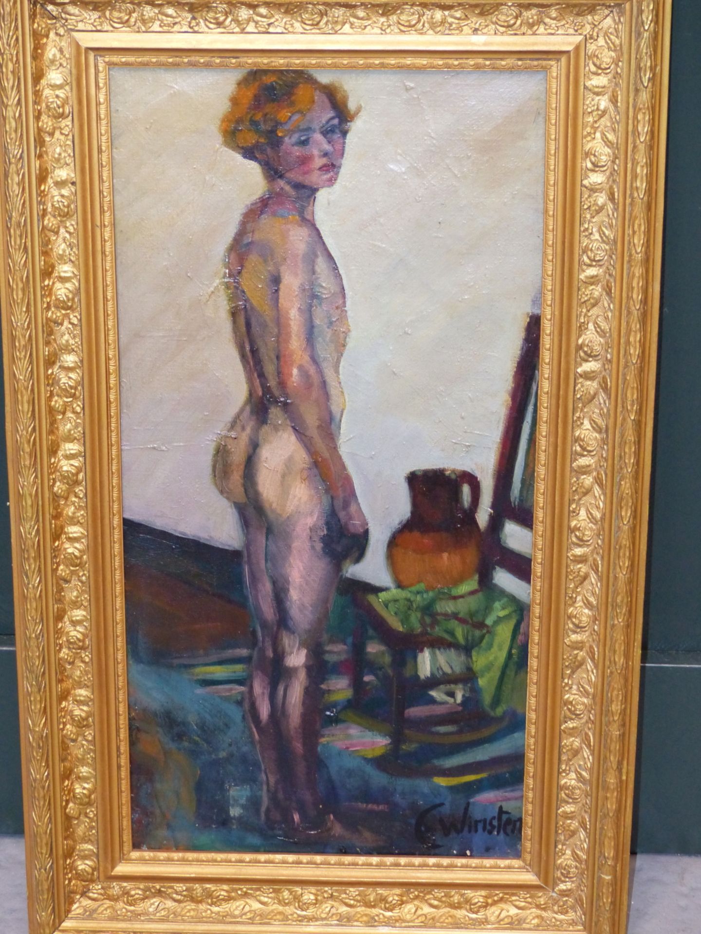 CLAIR WINSTEN (1892-1989) ARR. STANDING NUDE WITH CHAIR AND WATER JUG. OIL ON CANVAS. 24 X 49.5 cm. - Image 3 of 6