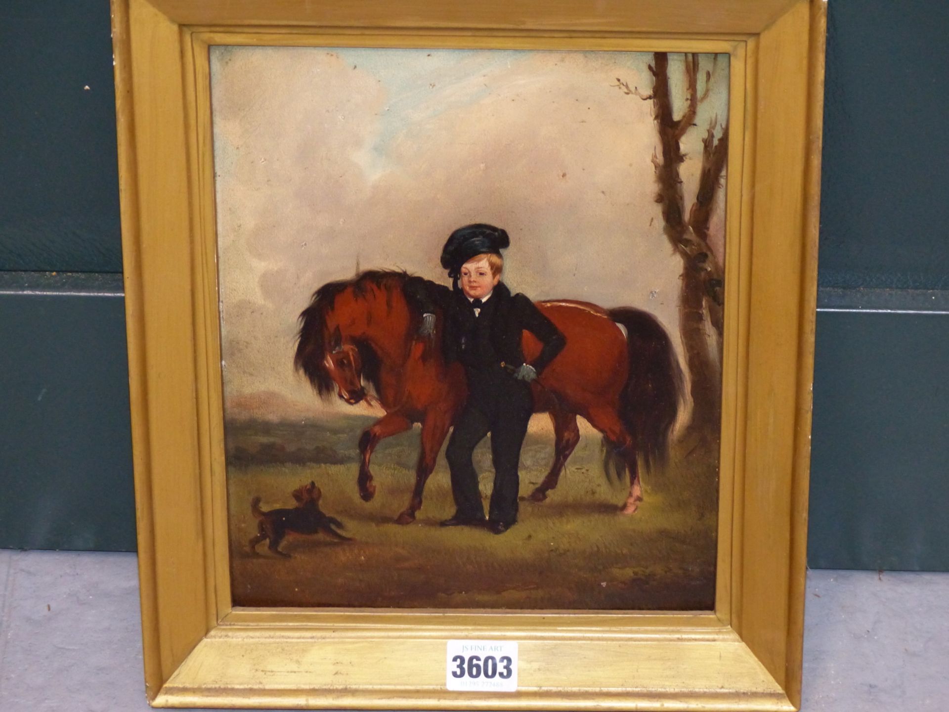 19TH CENTURY ENGLISH SCHOOL, STUDY OF BOY WITH HORSE AND DOG IN LANDSCAPE OIL ON BOARD 21 X 27 cm. - Image 4 of 5