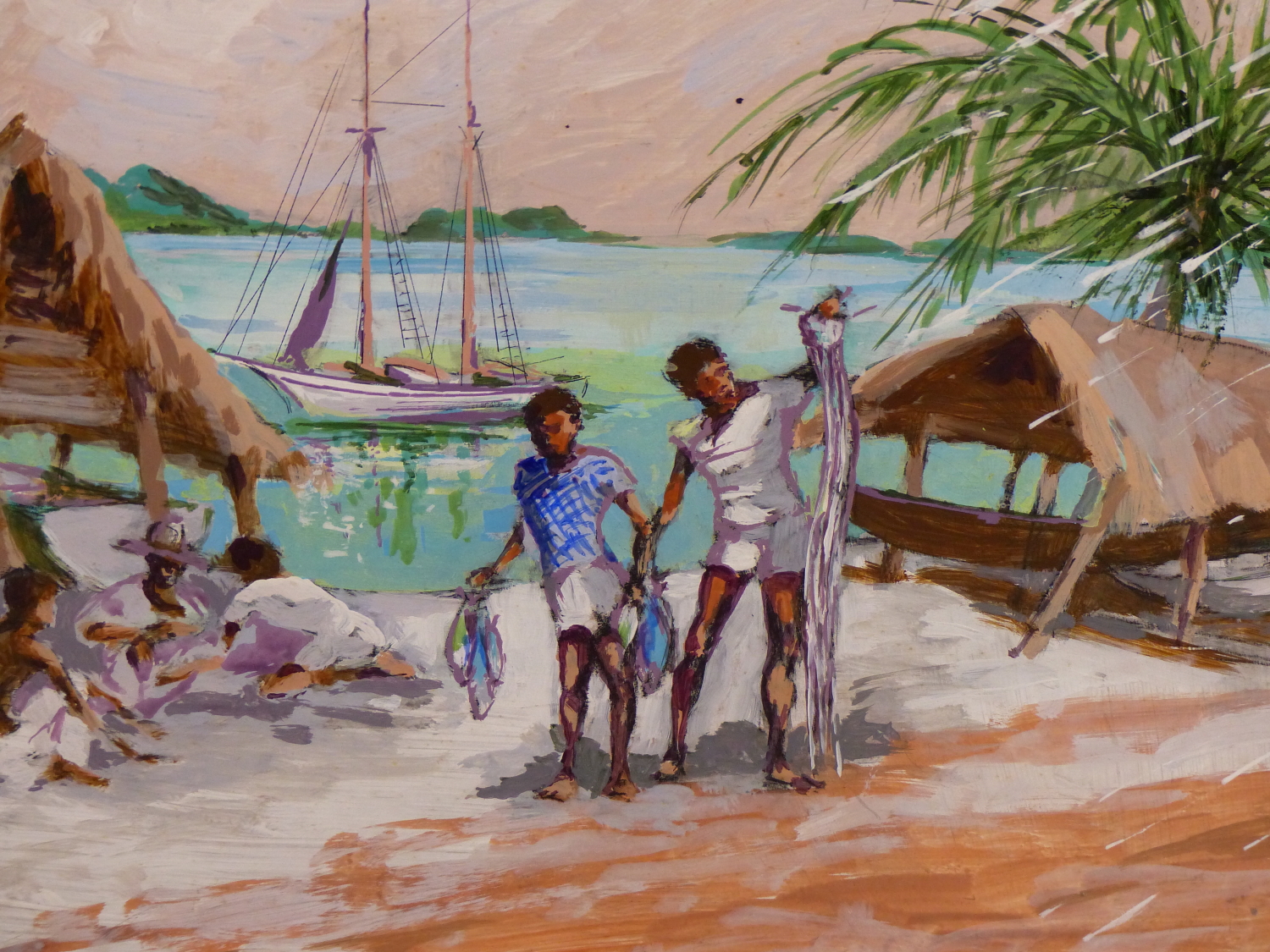 IVY T. ATTWELL (1895-1985) ARR. STUDY OF BOYS ON A BEACH WITH GRASS ROOF HUTS,SIGNED LOWER RIGHT, OI - Image 5 of 6