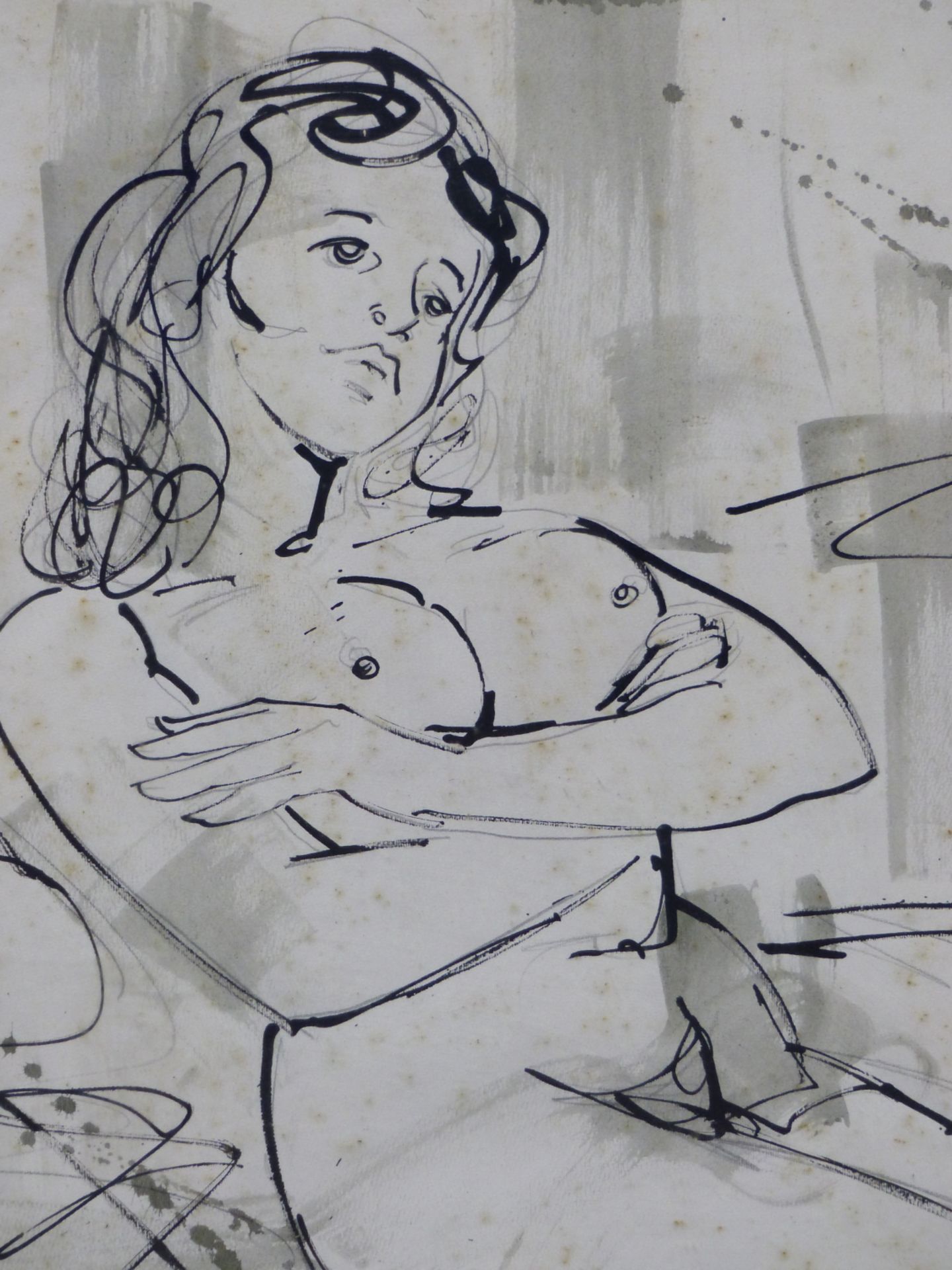 A.DELIA (20TH CENTURY). SEATED NUDE STUDY. INK AND WASH DRAWING. SIGNED AND INDISTINCTLY