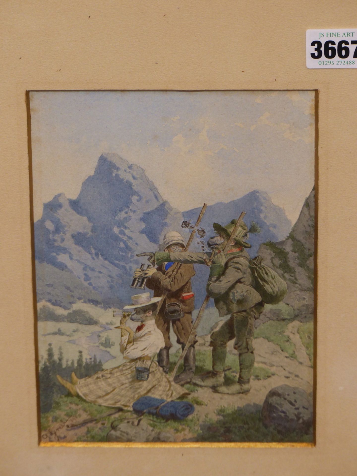 ALOIS GREIL (1842-1902), THREE ANTHROPOMORPHIC CLIMBERS IN THE AUSTRIAN ALPS. WATERCOLOUR, SIGNED - Image 2 of 8