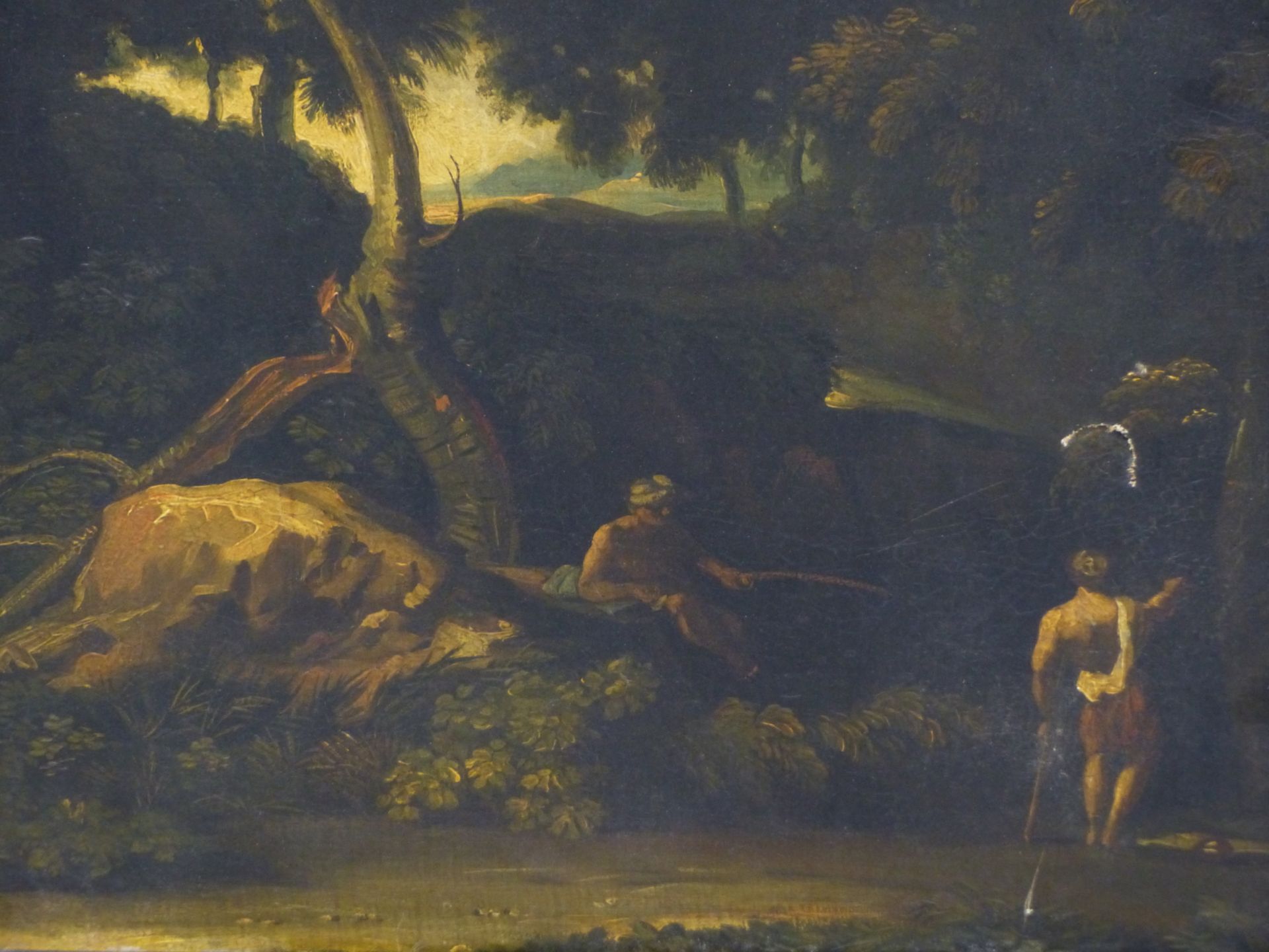 17TH /18TH CENTURY OLD MASTER SCHOOL. TWO FIGURES BY A WOODLAND STREAM. OIL ON CANVAS. THE GILT - Image 4 of 10