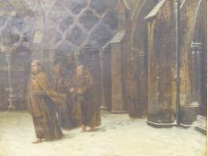 ALFRED TOURRIER (1836-1892) "MATINS" -MONKS ATTENDING MORNING PRAYER, OIL ON CANVAS. INITIALLED