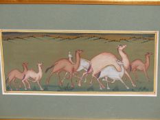 A 19TH CENTURY MIDDLE EASTERN STUDY OF CAMELS IN HILLY LANDSCAPE, WATERCOLOUR 26 X 12 cm.
