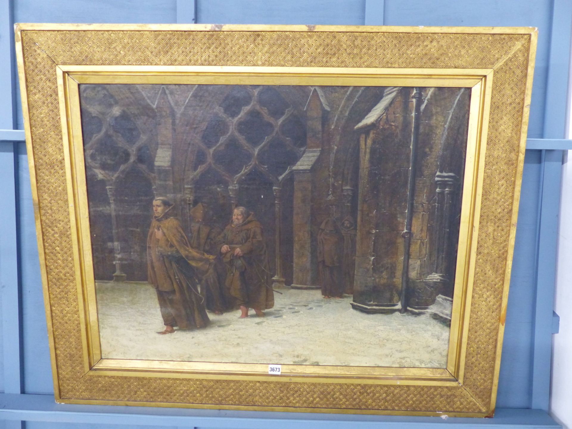 ALFRED TOURRIER (1836-1892) "MATINS" -MONKS ATTENDING MORNING PRAYER, OIL ON CANVAS. INITIALLED - Image 2 of 8
