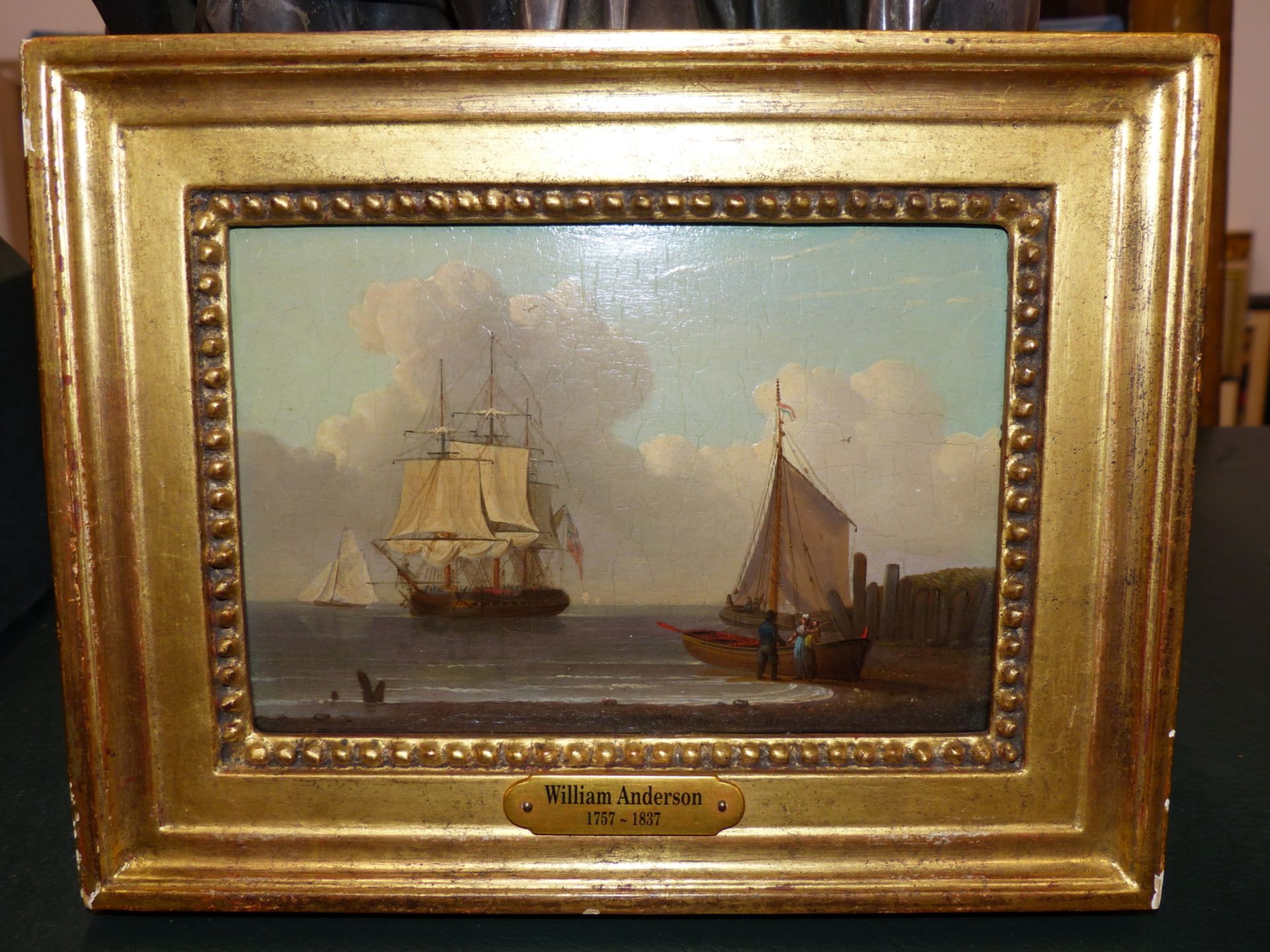 WILLIAM ANDERSON (1757-1837) SAILING SHIPS BY THE COAST. OIL ON PANEL. 16 X 11 cm. - Image 2 of 3