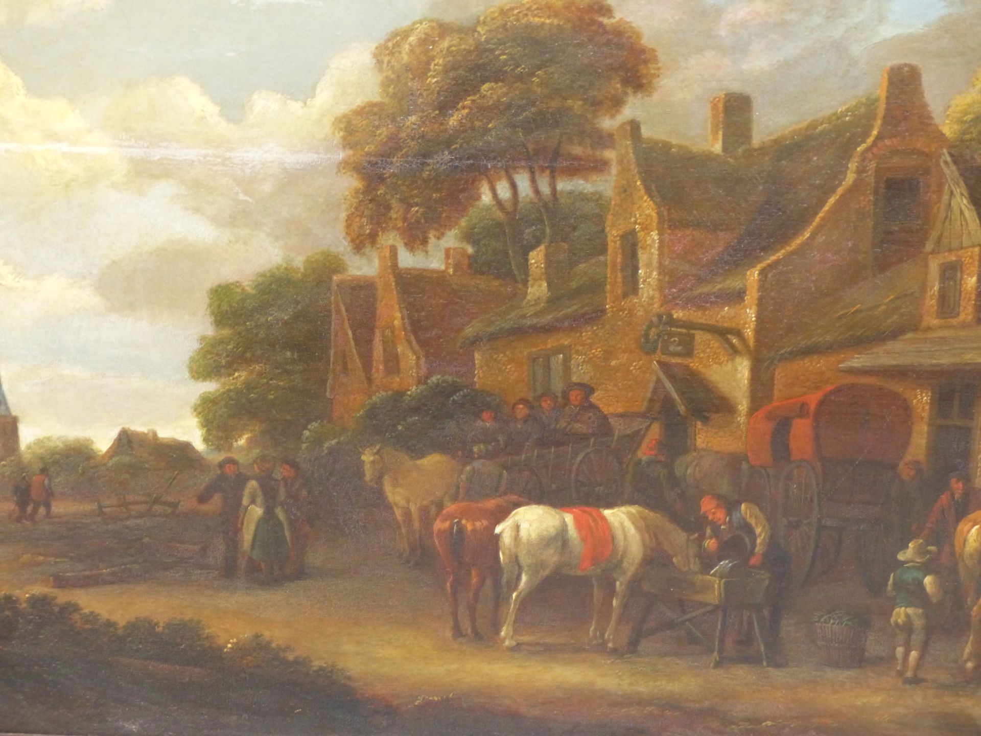 18TH CENTURY DUTCH SCHOOL. FIGURES AND HORSES OUTSIDE A VILLAGE INN WITH CHURCH IN THE DISTANCE. OIL - Image 6 of 8