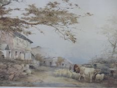 T. KET. ( 19TH CENTURY) FARMYARD WITH CATTLE AND SHEEP. WATERCOLOUR. SIGNED INDISTINCTLY L/R. 56.5 X