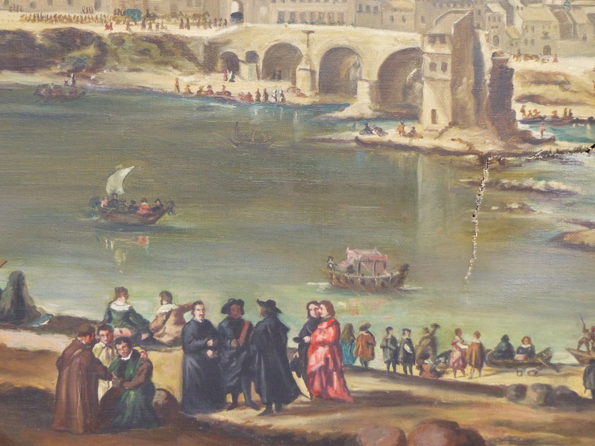 ITALIAN SCHOOL ( EARLY 20TH CENTURY ) FIGURES ON RIVER BANK BEFORE A CITIDEL. OIL ON CANVAS. 99 X 54 - Image 6 of 21