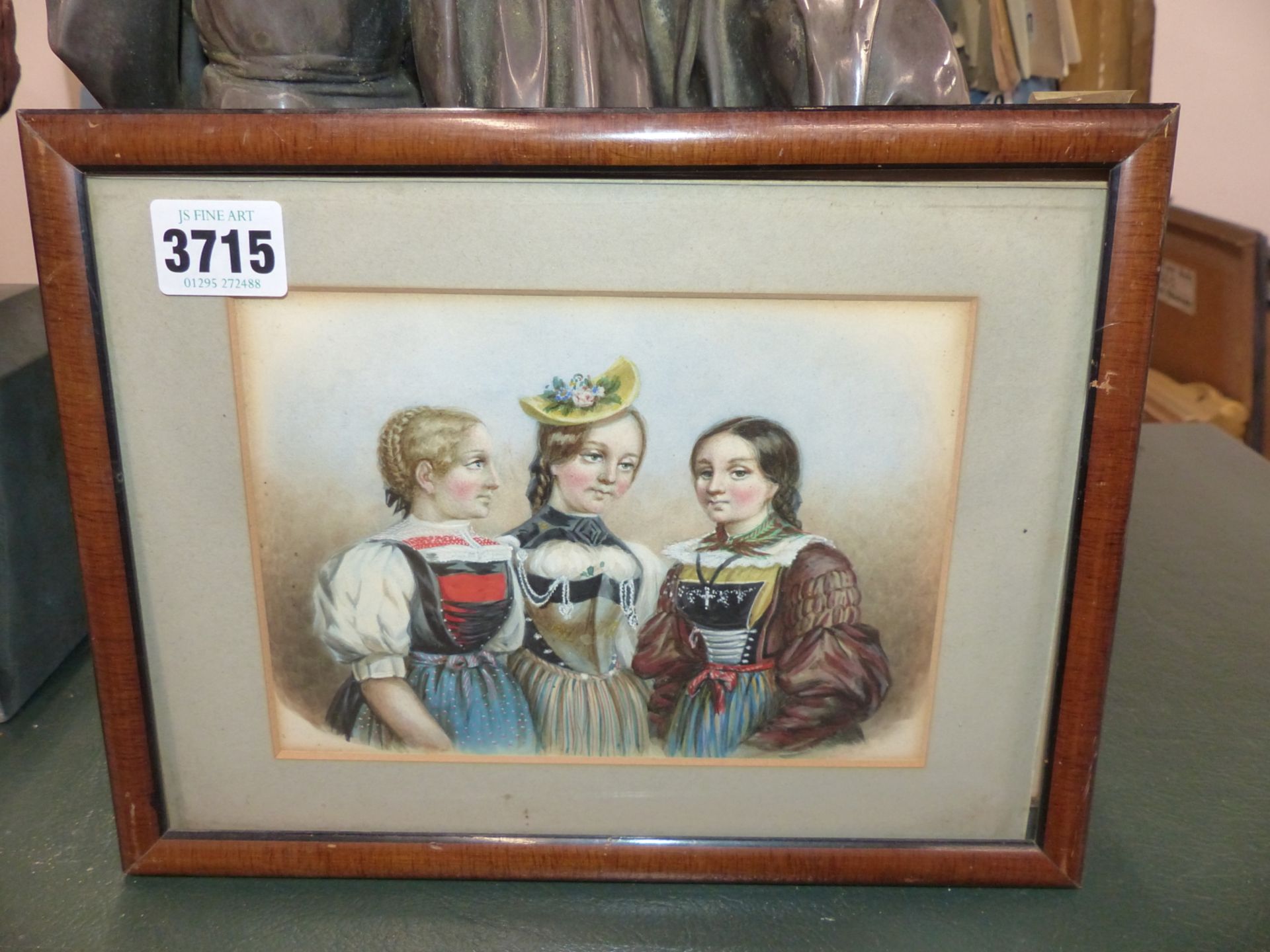 LATE 19TH CENTURY/ EARLY 20TH CENTURY GERMAN SCHOOL.- THREE GIRLS IN TRADITIONAL DRESS- WATERCOLOUR. - Image 3 of 4