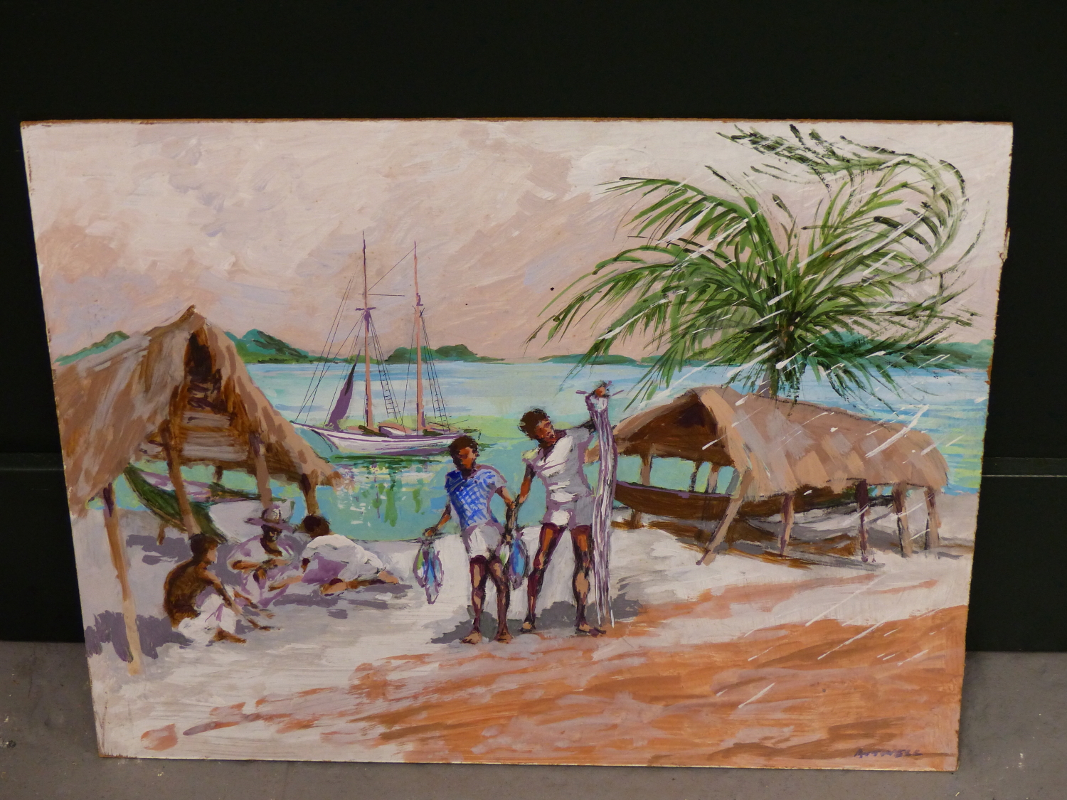 IVY T. ATTWELL (1895-1985) ARR. STUDY OF BOYS ON A BEACH WITH GRASS ROOF HUTS,SIGNED LOWER RIGHT, OI - Image 2 of 6