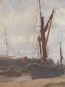 A. TULK ( 19TH CENTURY) BOATS IN HARBOUR AT LOW TIDE. OIL ON BOARD. SIGNED LOWER RIGHT. 25 X 33 cm.