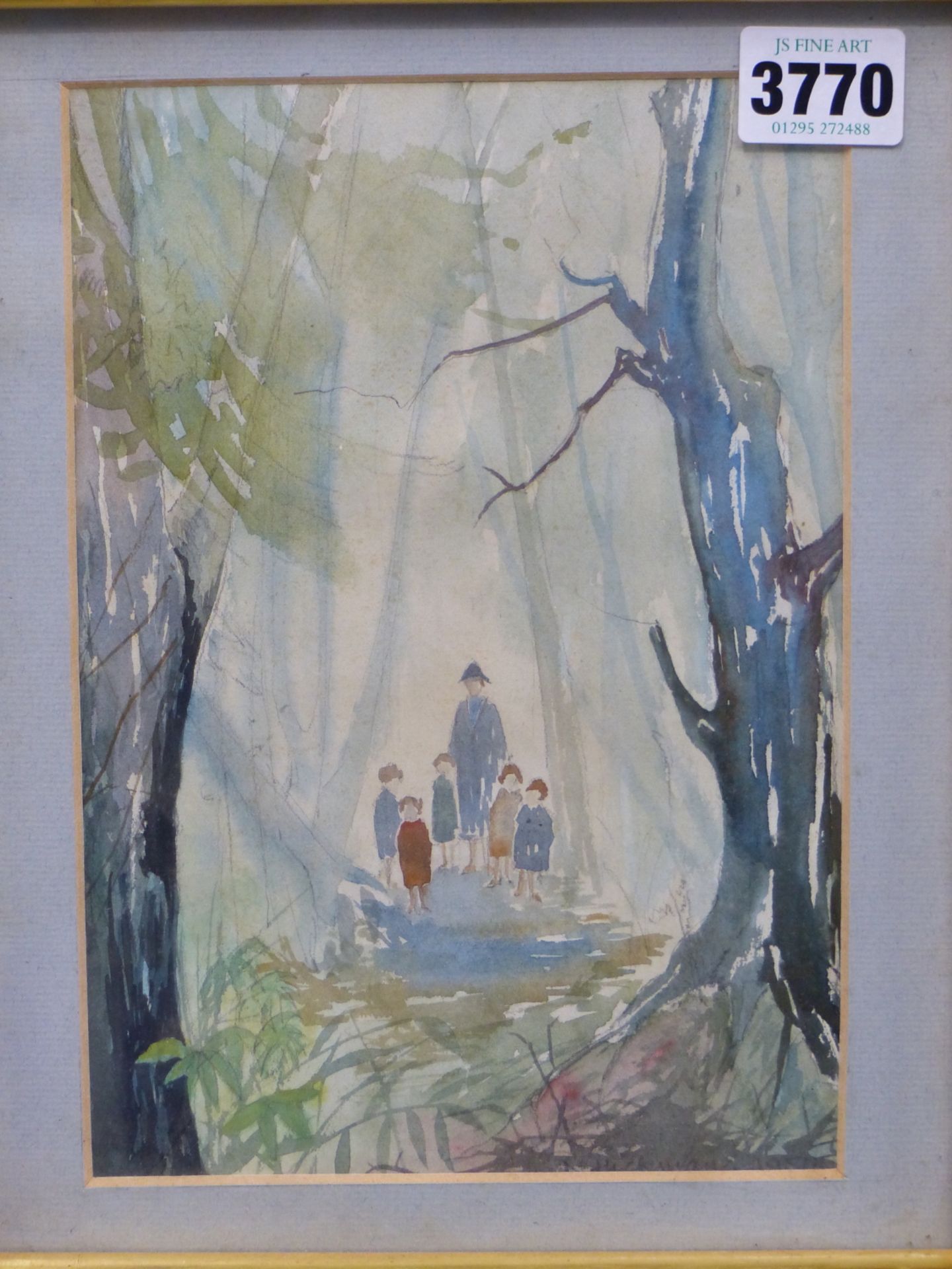 NEVILLE HICKMAN ( 20TH CENTURY) MISS CONOLLY TAKING CHILDREN FOR A WALK. WATERCOLOUR. SIGNED AND