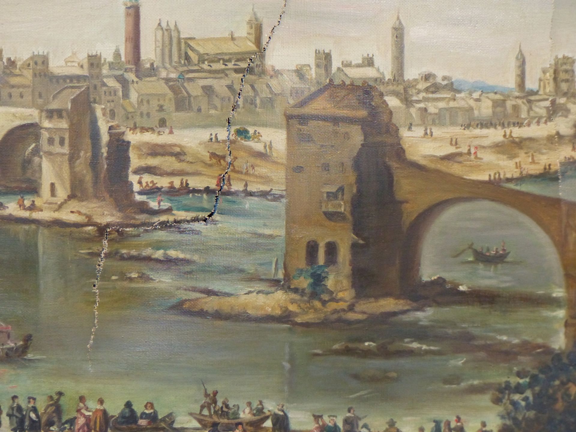 ITALIAN SCHOOL ( EARLY 20TH CENTURY ) FIGURES ON RIVER BANK BEFORE A CITIDEL. OIL ON CANVAS. 99 X 54 - Image 4 of 21