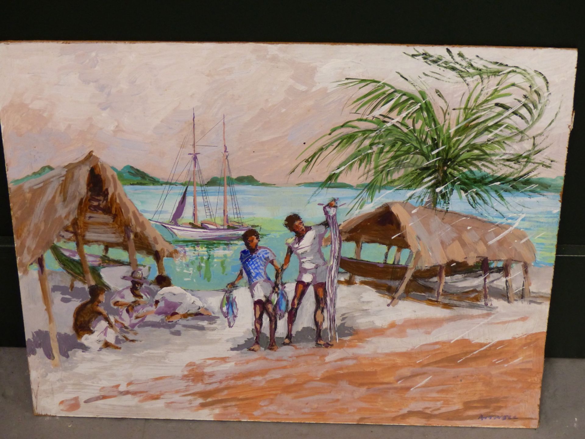 IVY T. ATTWELL (1895-1985) ARR. STUDY OF BOYS ON A BEACH WITH GRASS ROOF HUTS,SIGNED LOWER RIGHT, OI - Image 6 of 6