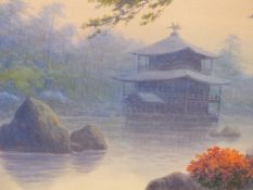 Y. MATSUMOTO. (JAPANESE 20TH CENTURY), LAKESIDE TEMPLES- A PAIR OF WATERCOLOURS, SIGNED. 32 X 15 cm