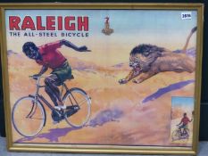20TH CENTURY. A RARE RALIEGH ALL STEEL BICYCLE ADVERTISING PRINT.C.1940'S 62 X 48cm.