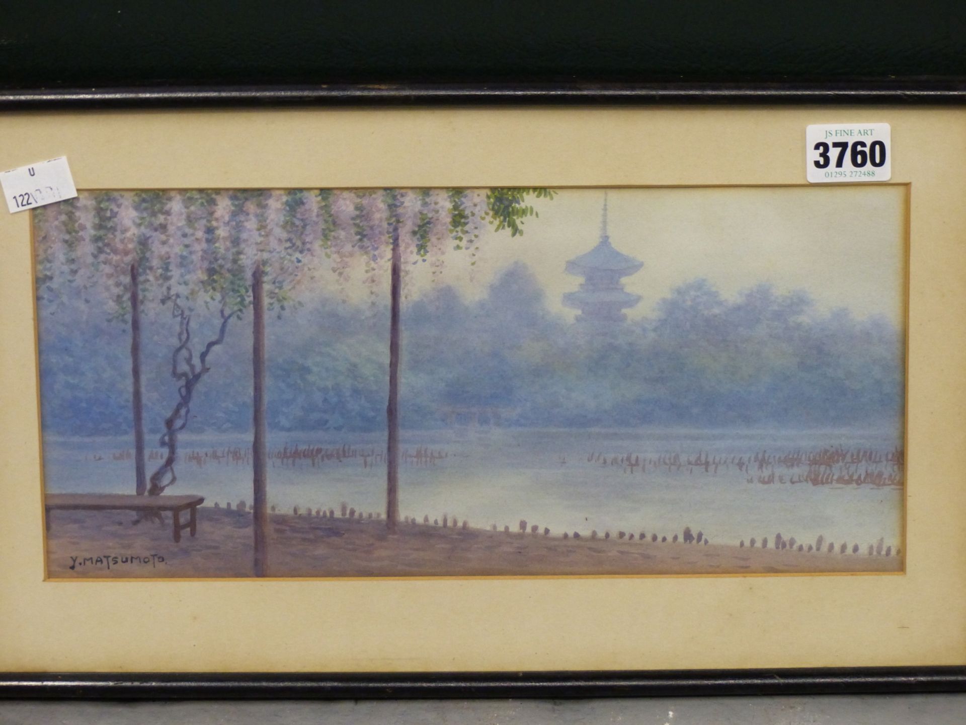 Y. MATSUMOTO. (JAPANESE 20TH CENTURY), LAKESIDE TEMPLES- A PAIR OF WATERCOLOURS, SIGNED. 32 X 15 cm - Image 3 of 7