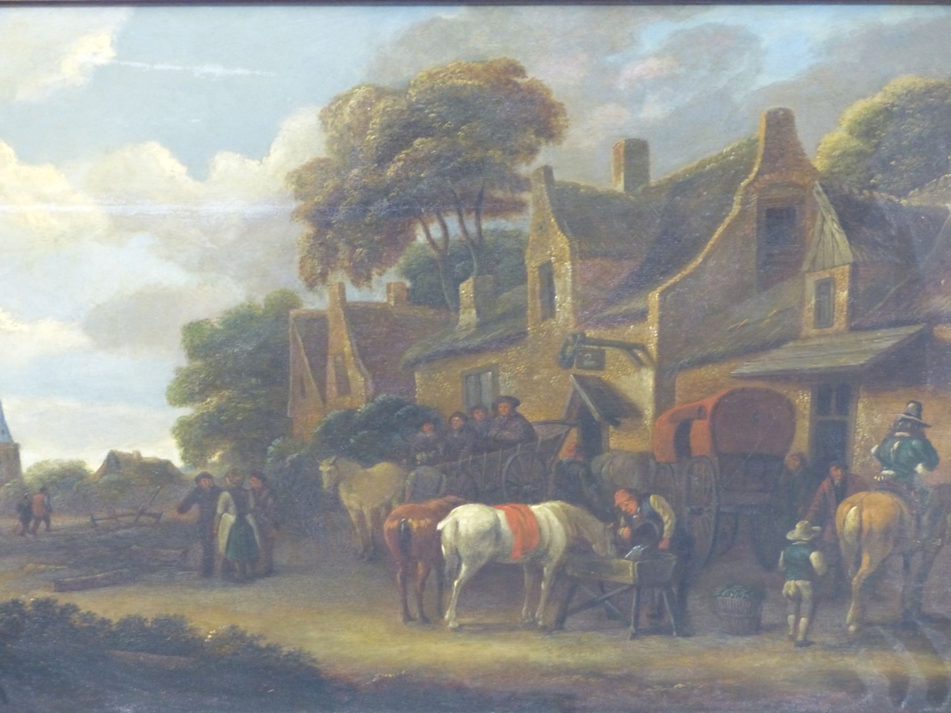 18TH CENTURY DUTCH SCHOOL. FIGURES AND HORSES OUTSIDE A VILLAGE INN WITH CHURCH IN THE DISTANCE. OIL - Image 7 of 8