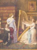ATTRIB. GEORGE RICHMOND (1809-1896) LADIES IN THE DRAWING ROOM WITH HARP. WATERCOLOUR. 57 X 70 cm.