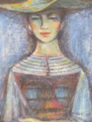 TONY BARTL ( CZECH 1912-1998) ARR- BLUE LADY, OIL ON WOOD PANEL. SIGNED AND LABELED VERSO. 38 X 49
