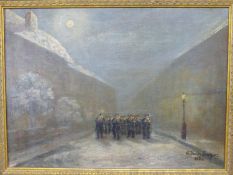 G. BUSBY FRAZIER (19th/20th.C. ENGLISH SCHOOL) MARCHING BAND ON A MOONLIT STREET OIL ON CANVAS.