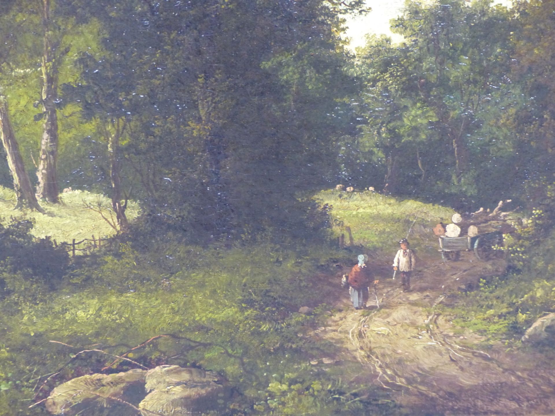 19TH CENTURY ENGLISH SCHOOL, FIGURES ON A WOODLAND TRACK, OIL ON CANVAS. 49 X 39 cm. - Image 2 of 5