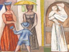 TONY BARTL ( CZECH 1912-1998) ARR- LADIES WITH CHILDREN, OIL ON WOOD PANEL. SIGNED L/R 58 X 42 cm.