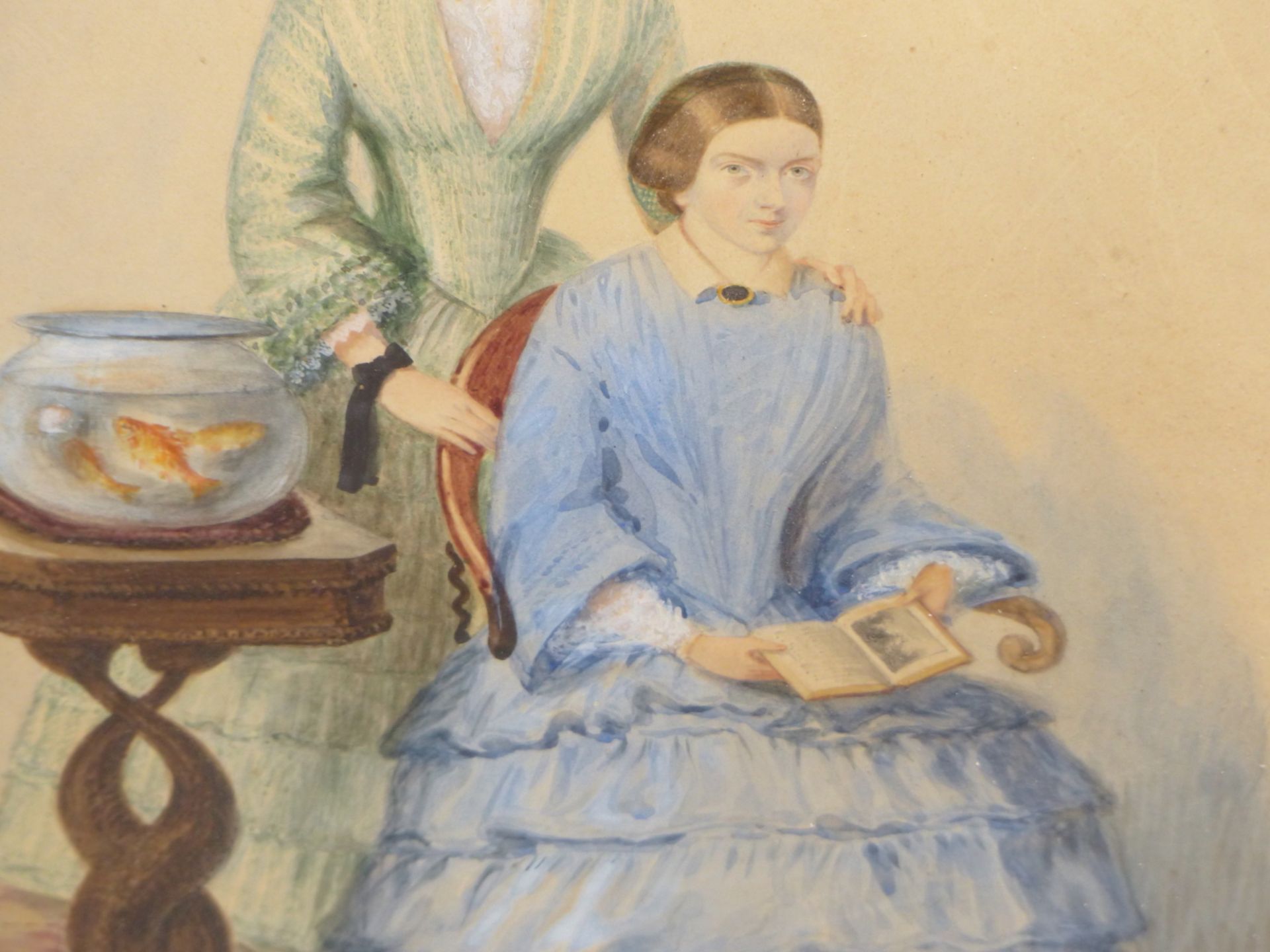 EARLY 19TH CENTURY ENGLISH SCHOOL, PORTRAIT IF TWO LADIES WITH GOLDFISH. WATERCOLOUR. UNSIGNED. - Image 4 of 7