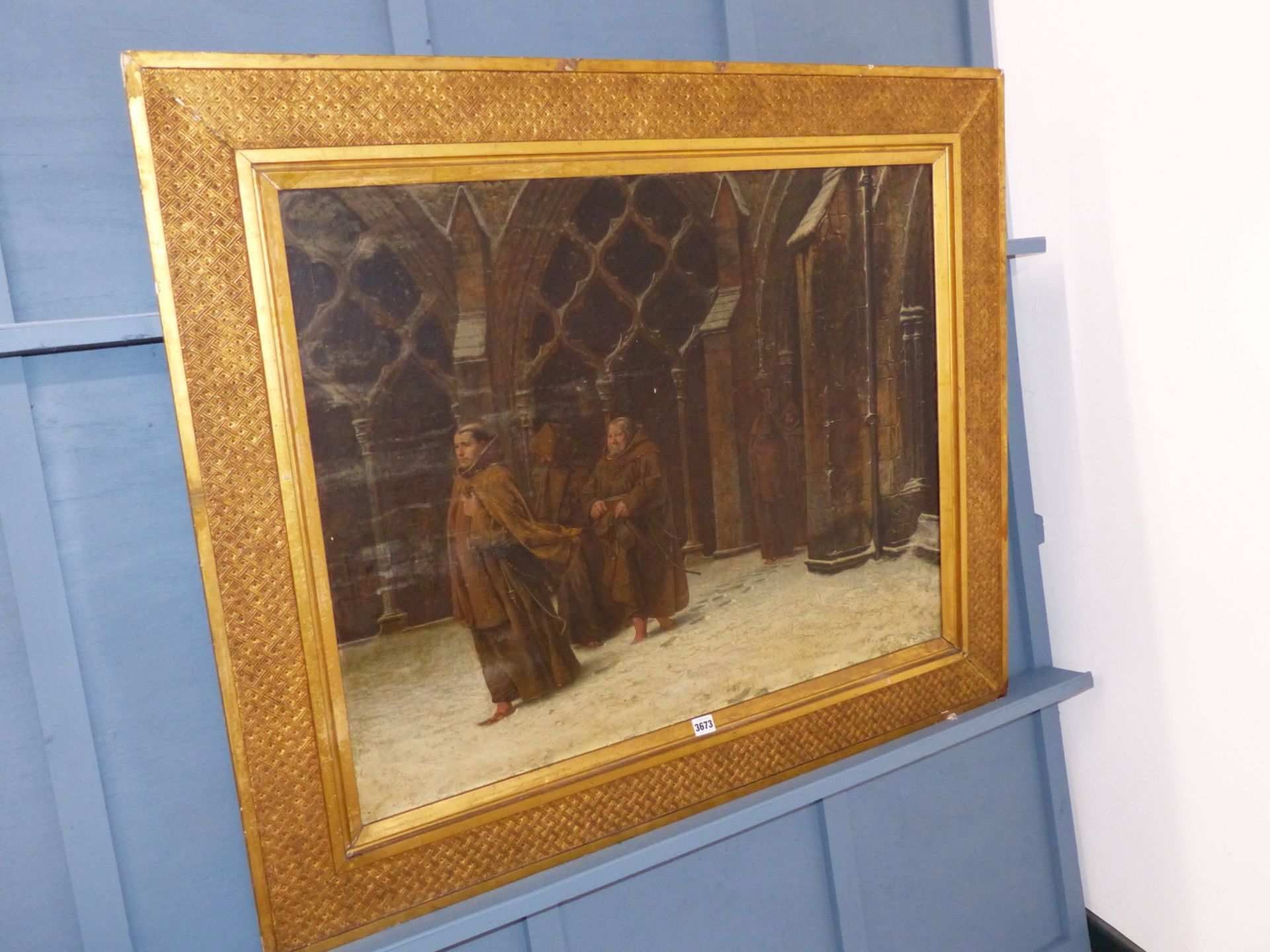 ALFRED TOURRIER (1836-1892) "MATINS" -MONKS ATTENDING MORNING PRAYER, OIL ON CANVAS. INITIALLED - Image 6 of 8