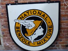 A RARE LARGE NATIONAL BENZOLE MIXTURE GARAGE FORECOURT DOUBLE SIDED ALLOY SIGN.