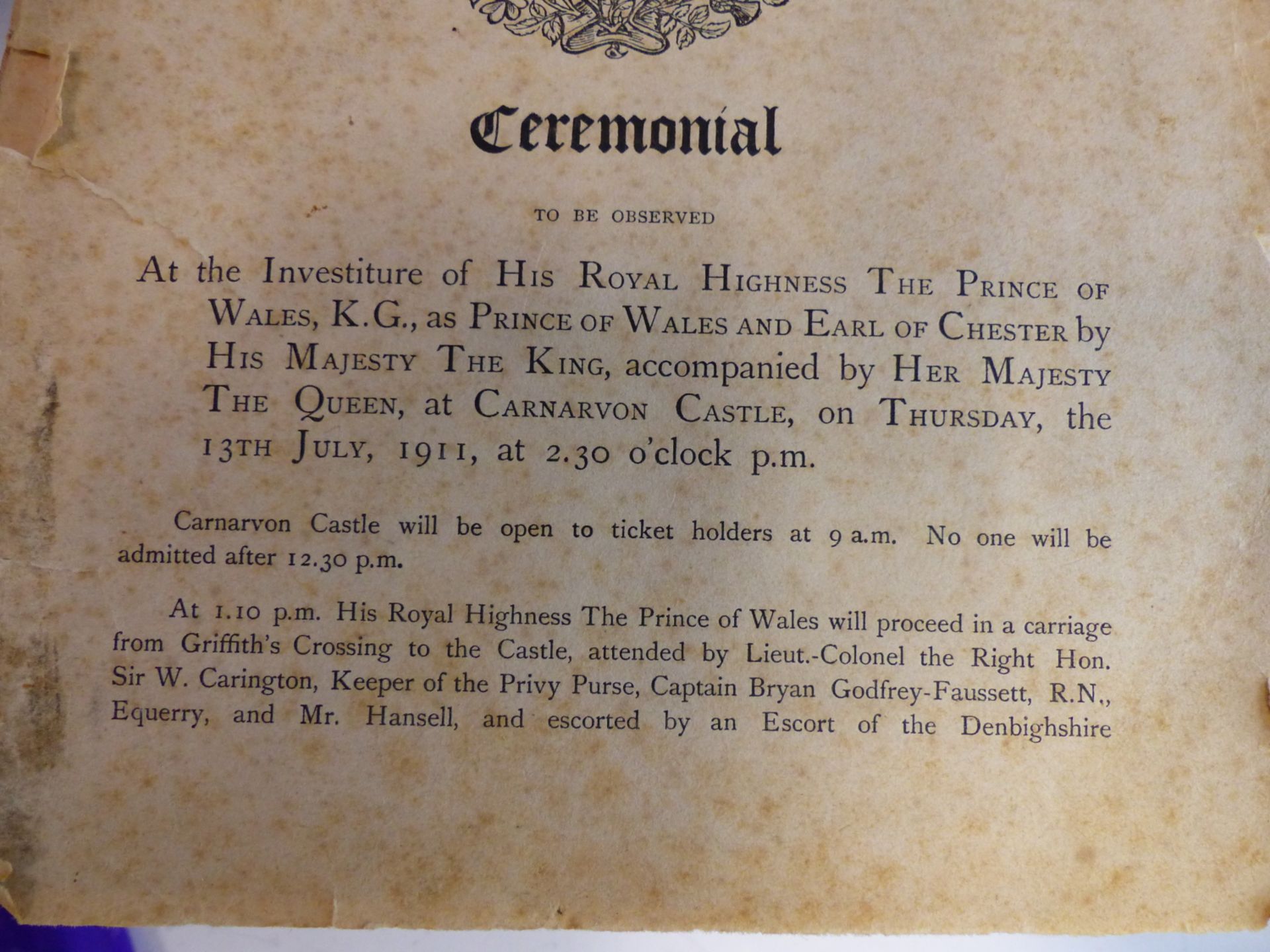 A RARE 1911 ORDER OF CEREMONY AT THE INVESTITURE OF HIS ROYAL HIGHNESS THE PRINCE OF WALES ( - Bild 3 aus 8