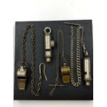 VINTAGE WHISTLES TO INCLUDE EMCA BOY SCOUTS, AN ACME REFEREE ON A GRADUATED ALBERT CHAIN, AN ACME