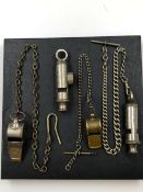 VINTAGE WHISTLES TO INCLUDE EMCA BOY SCOUTS, AN ACME REFEREE ON A GRADUATED ALBERT CHAIN, AN ACME