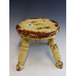 A VINTAGE RUSTIC PAINTED SMALL STOOL.