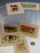 SIX WWI PERIOD SILK EMBROIDERED SWEETHEART POSTCARDS AND AN ARABIC COIN WITH A NOTE STATING "GIFT