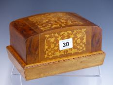 A SORRENTO INLAID WALNUT CIGARETTE DISPENSER BOX WITH MUSICAL MOVEMENT AND BALLERINA.