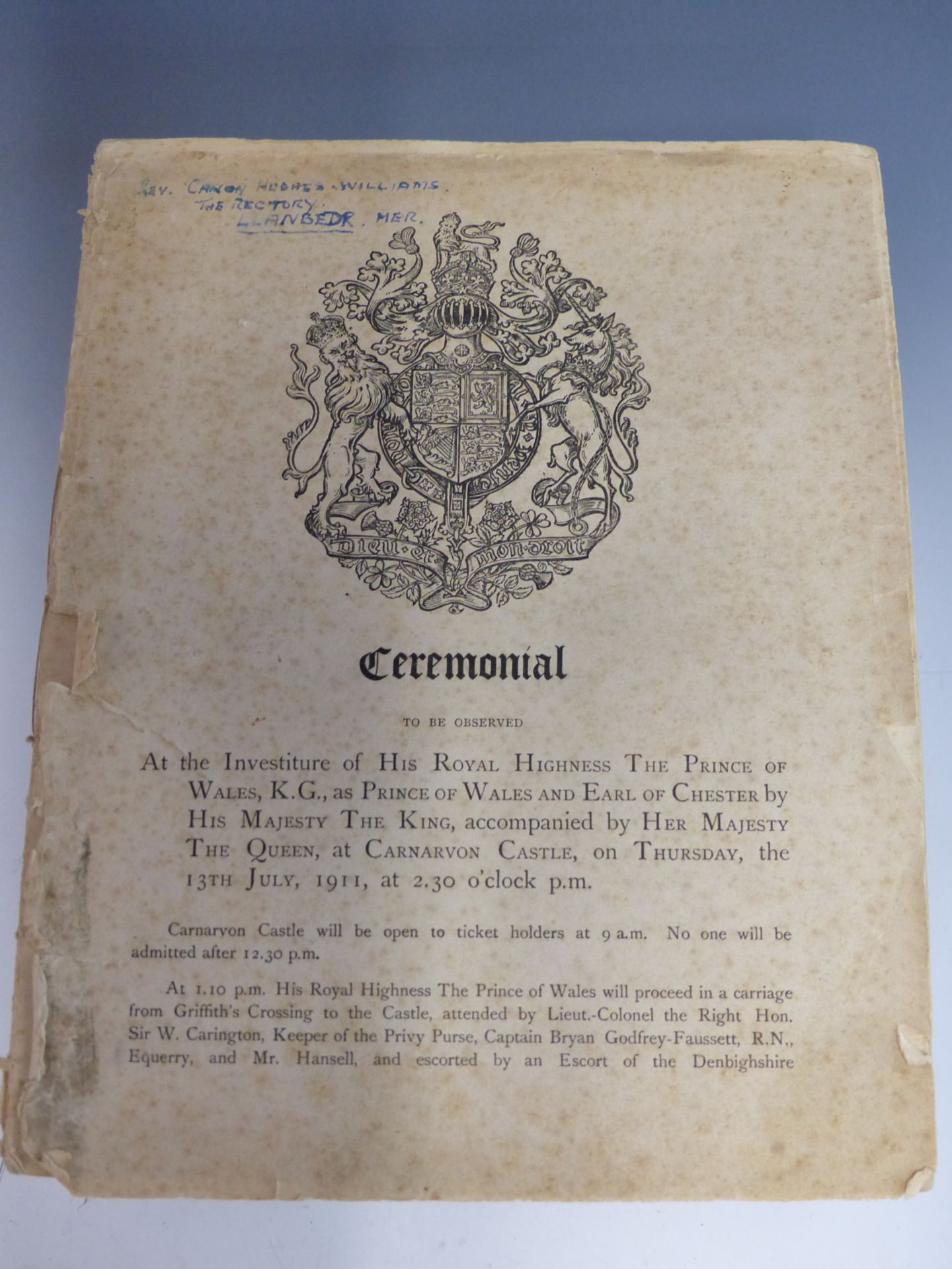 A RARE 1911 ORDER OF CEREMONY AT THE INVESTITURE OF HIS ROYAL HIGHNESS THE PRINCE OF WALES (