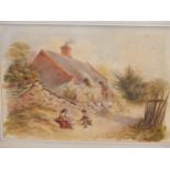 GEORGE HULL ( 19TH CENTURY) A YOUNG FAMILY BEFORE A THATCHED COTTAGE. WATERCOLOUR. SIGNED L/L. 37