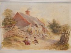 GEORGE HULL ( 19TH CENTURY) A YOUNG FAMILY BEFORE A THATCHED COTTAGE. WATERCOLOUR. SIGNED L/L. 37